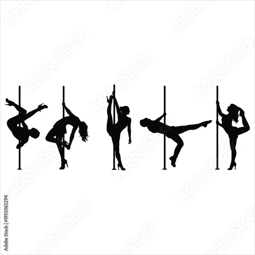 Five black silhouettes of women performing pole dance moves
