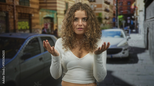 Photos Woman with hands on cheeks, looking startled by parked cars on a narrow street; surprise curiosity wonder