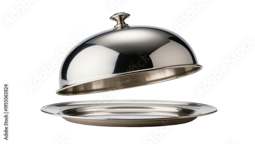 Tableau sur toile Isolated elegant silver cloche and serving platter set for upscale dining or mea