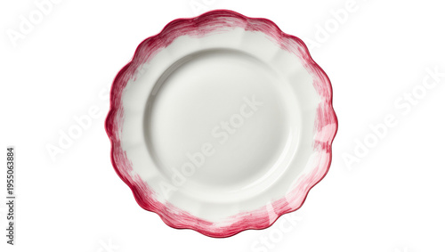 Obraz na plátne Isolated elegant white plate with scalloped edge and artistic brushed red fuchsi
