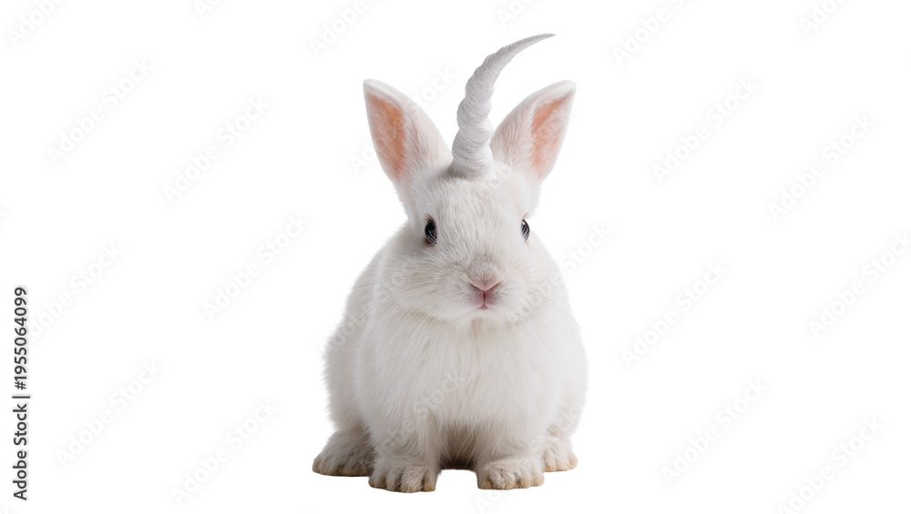 Fototapeta premium Isolated charming fluffy white rabbit with a whimsical unicorn horn, magical creature concept.