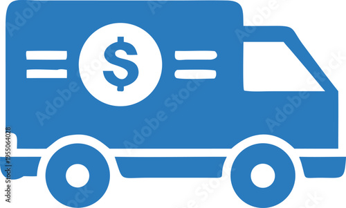 Blue delivery truck transports money, featuring a dollar sign and equal symbols on it