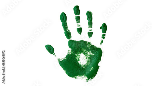 Obraz na plátne Isolated vibrant green paint handprint on a surface, artistic textured impression of a human palm