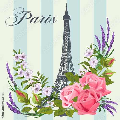 Bouquet of flowers and art design on striped background.Vector illustration with flowers and Eiffel Tower on a striped background.
