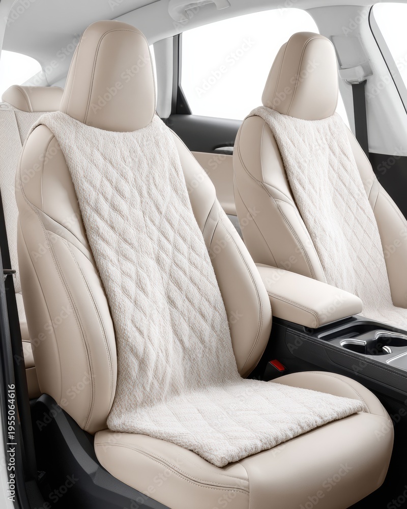 Fototapeta premium Beige leather car interior with quilted plush seat covers on front seats in modern vehicle cabin