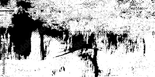 Black and white vector illustration of a grunge background featuring an artistic ink splash and spray paint splatter pattern with a dirty liquid drip texture and a silhouette frame design