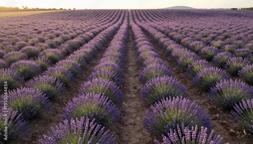 Obraz premium Rows of lavender stretch toward the horizon in soft twilight light, their subtle purple hues creating a dreamy and graceful landscape in the countryside.