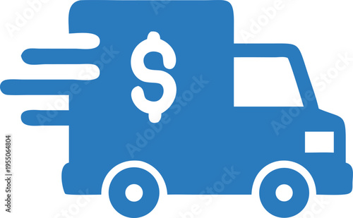 Blue truck featuring a dollar sign on its side moves rapidly across the view