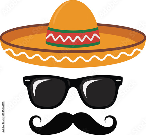 Colorful cartoon illustration of a sombrero hat, sunglasses and mustache for festive and humorous designs