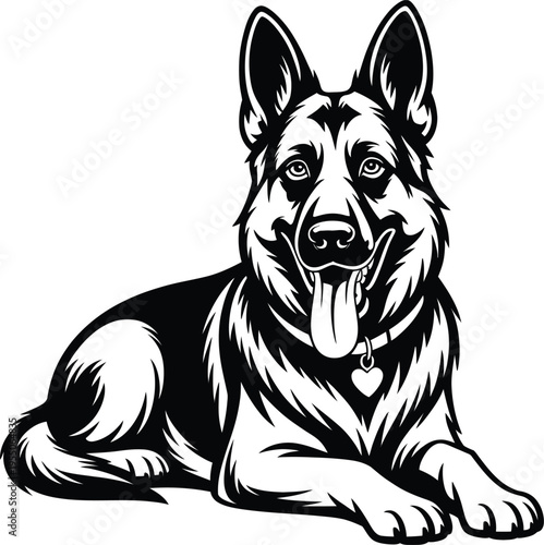 Black and white illustration of a german shepherd dog lying down