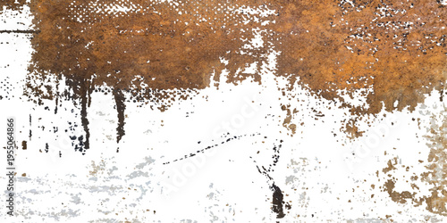A textured grunge design features a golden liquid drop falling against an old rusty metal wall near a city fountain to create a brown macro pattern backdrop