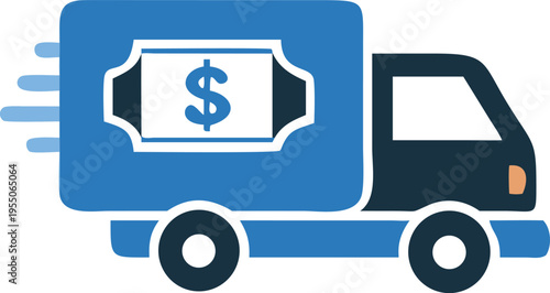 Blue truck prominently displays a dollar symbol on its side, suggesting financial services