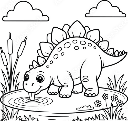 A cute cartoon stegosaurus drinking from a pond with cattails and flowers around it on a sunny day with clouds