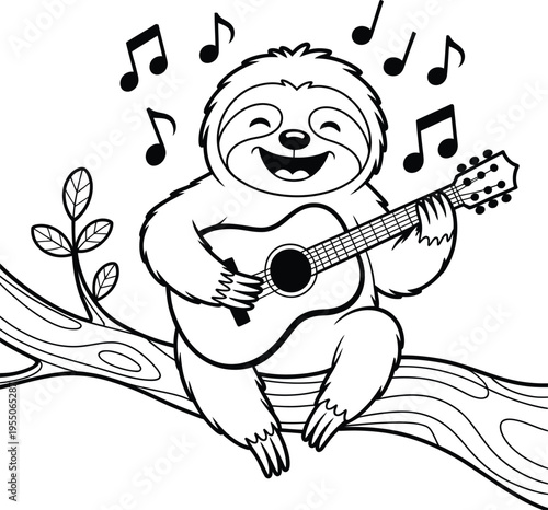 A cartoon sloth sitting on a tree branch playing an acoustic guitar with musical notes around it