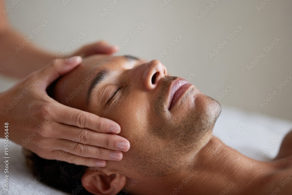 Fototapeta premium Male hispanic adult relaxing during a facial massage with therapist hands on temples in a tranquil spa treatment