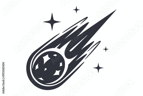 A dark gray cartoon comet speeds through space surrounded by twinkling stars