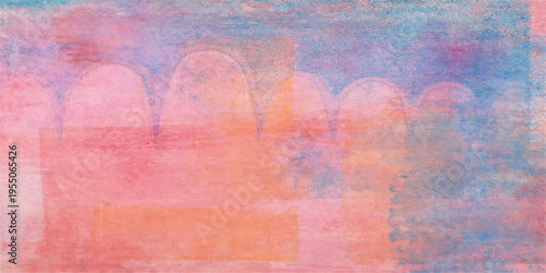 An artistic abstract watercolor painting features a colorful grunge texture on aged vintage paper with pink and red paint splatters creating a textured pattern for a grungy wall backdrop design