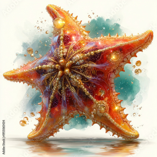 Glowing starfish illustration with golden details and watercolor ocean splash