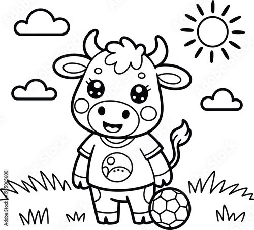 A cute cartoon cow wearing a soccer jersey and standing with a soccer ball on a sunny day with clouds