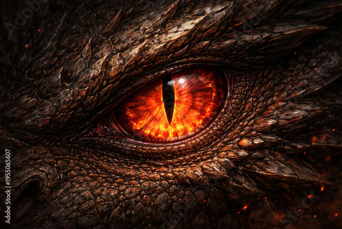 Fiery dragon eye close-up, glowing reptile pupil in dark scales, fantasy creature macro