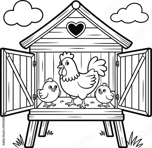 A black and white illustration of a mother hen and her two chicks standing inside an open chicken coop with a heart on the front