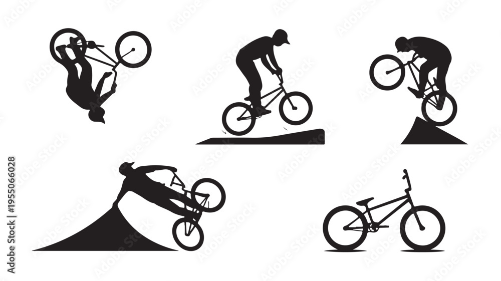 Naklejka premium Bicycle Silhouette Illustrations Of Man Performing Tricks For Sports Concepts