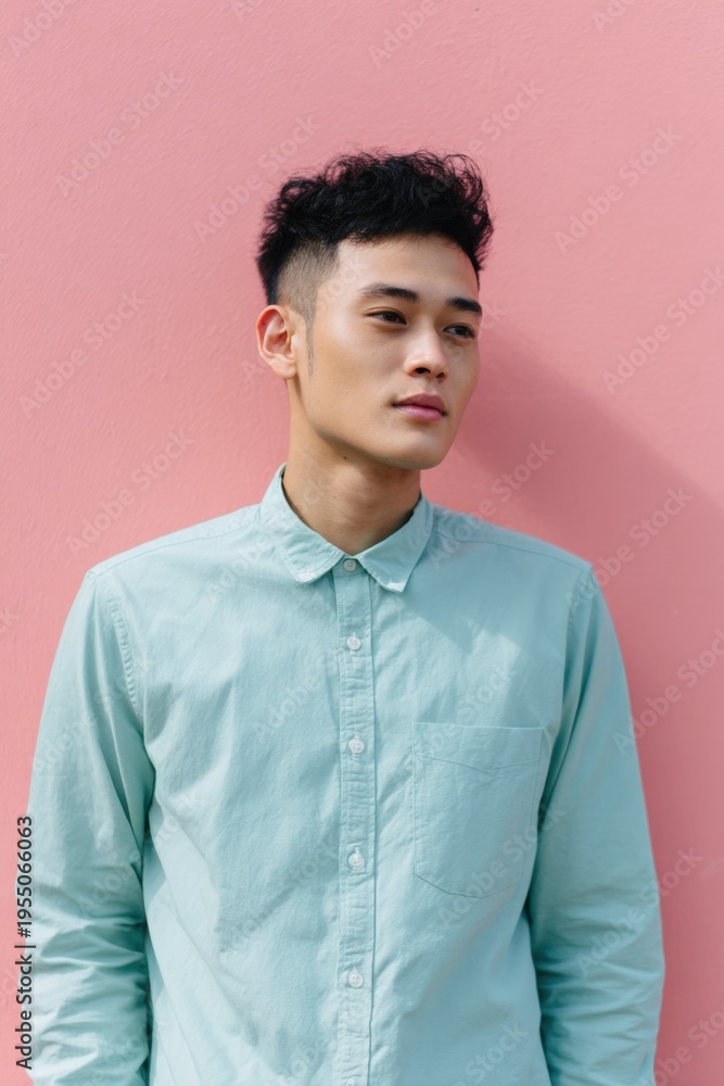 Fototapeta premium Asian male young portrait in pale turquoise shirt against pastel pink wall, thoughtful side glance, clean contemporary styling with short fade haircut and relaxed posture for modern editorial look