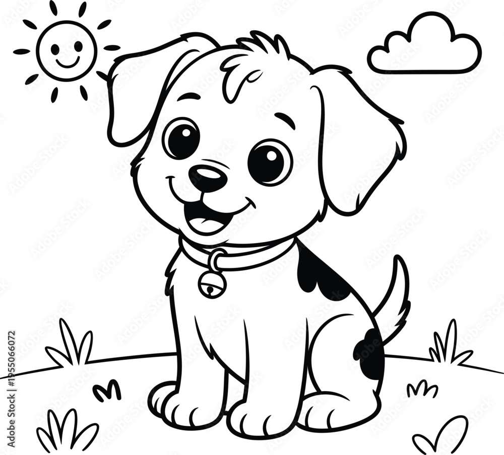 Fototapeta premium A cute black and white puppy sitting on a sunny day with a cloud in the sky and grass on the ground