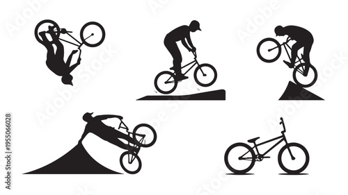 Bicycle Silhouette Illustrations Of Man Performing Tricks For Sports Concepts