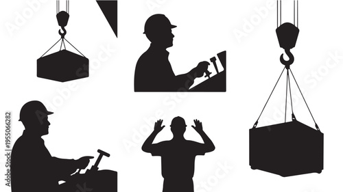 Construction Workers Operating Heavy Machinery Silhouettes For Industry Concepts