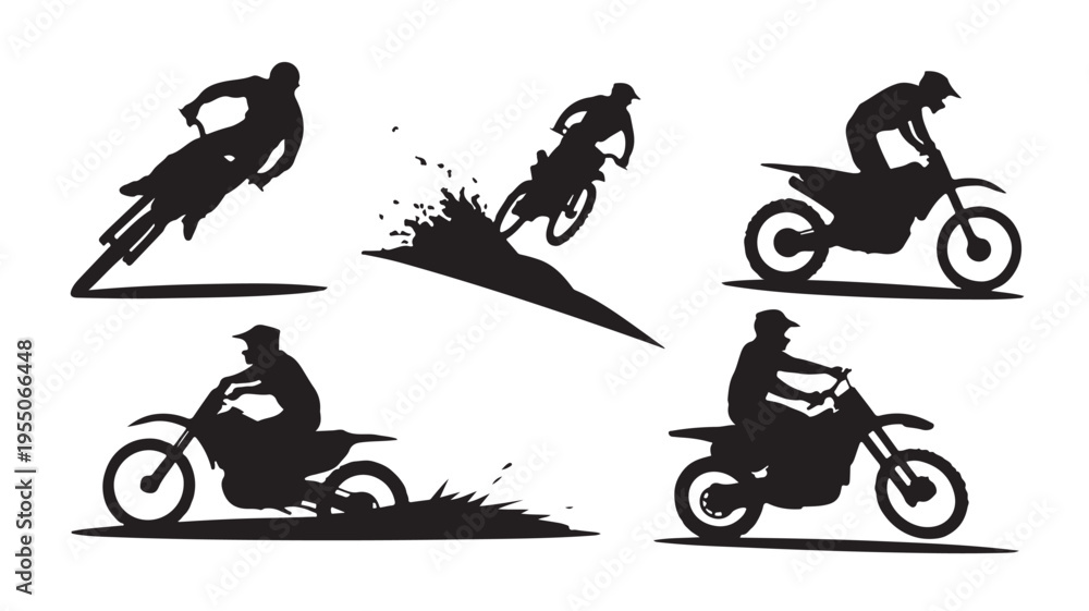 Fototapeta premium Motorcycle Riders Silhouettes Performing Stunts On Dirt Bikes For Sports Concepts