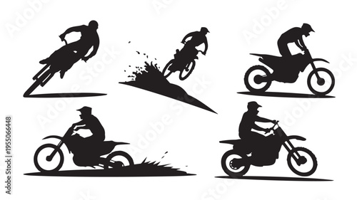 Motorcycle Riders Silhouettes Performing Stunts On Dirt Bikes For Sports Concepts
