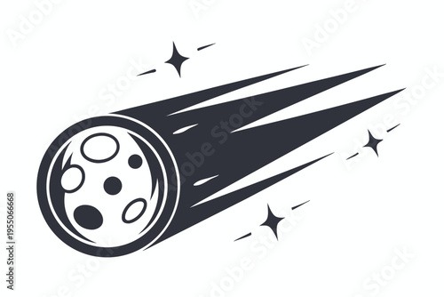 A dramatic black and white comet speeds across the sky with bright trailing flames