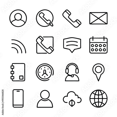 A collection of various communication and technology icons are precisely arranged on the white background
