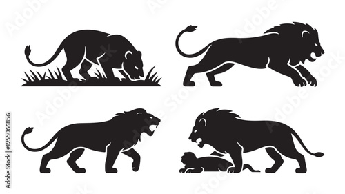 Lion Silhouettes Running Walking Roaring On White Background For Wildlife Concepts