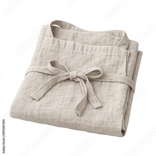 Folded Natural Linen Apron in Beige with Tied Bow, High-Quality Soft Fabric Texture for Kitchen, Cooking, or Gardening, Isolated on Transparent Background for Professional Product Design Use.