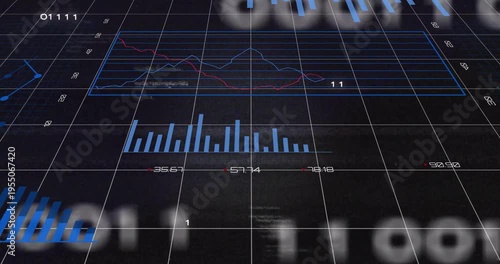 Camera shifting forward tilting up, pies rotating, bars fluctuating, donut emerging, showing trends