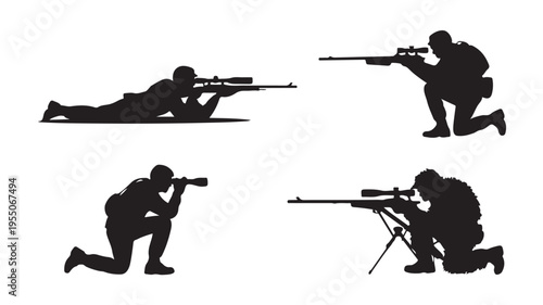 Silhouette of soldiers aiming rifles in various positions for military and tactical concepts