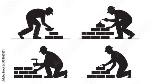 Construction Worker Building Brick Wall Silhouette For Architecture And Building Concepts