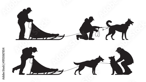 Silhouette Of Man Pulling Sled With Dog For Winter Sports And Adventure Concepts