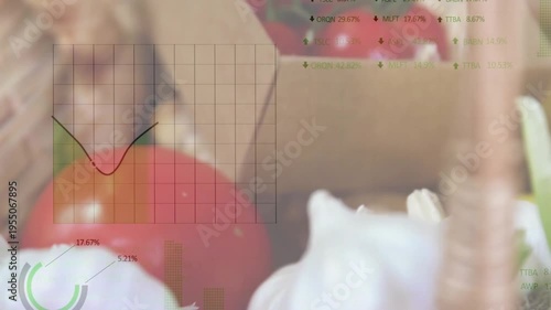 Opening shot on garlic starting overlays, camera shifting right revealing tomatoes showing data