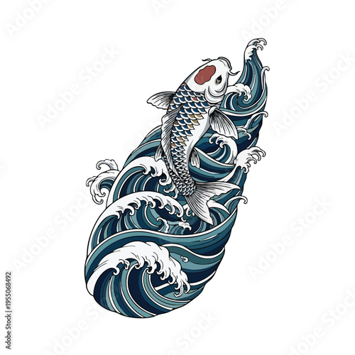 Dynamic koi fish tattoo design featuring majestic swimming koi fish amidst swirling turbulent waves in traditional Japanese ink style