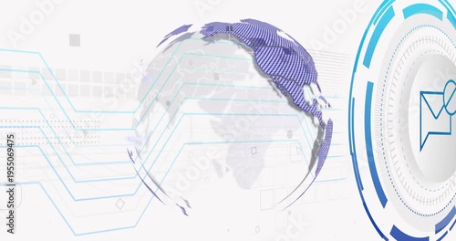 Rotating 3D globe revealing purple hatched plates on white stage, with HUD envelope and cyan lines