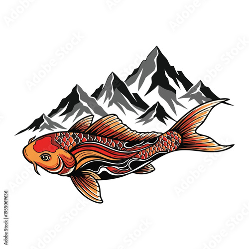 Vibrant koi fish tattoo design featuring majestic orange carp swimming gracefully in front of towering snow-capped mountains