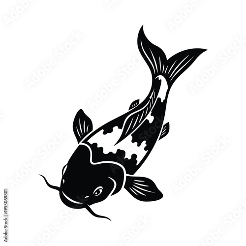 A black and white vector illustration of a koi fish with a tattoo design, presented on a clean white background. Perfect for tattoos, koi fish designs, and vector illustrations.