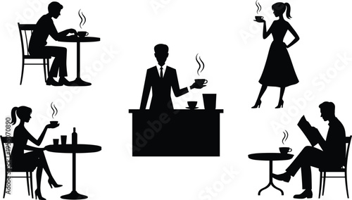 Black silhouettes of people drinking coffee, man reading at cafe table, barista serving hot drink, and elegant woman holding cup, flat vector illustration (21 words)