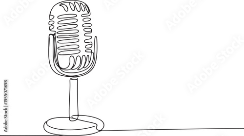 Single line drawing of a vintage microphone on a white background