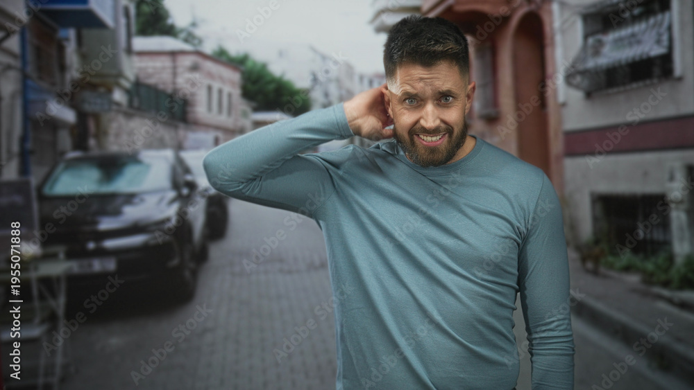 Fototapeta premium Man with beard scratches neck with hand on a narrow street between parked cars and old buildings, grimacing in discomfort; awkwardness hesitation.