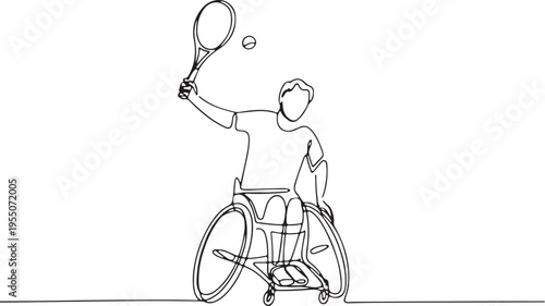 One line drawing of a person playing tennis in a wheelchair