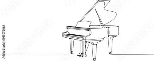 One line drawing of a grand piano with lid open and music stand
